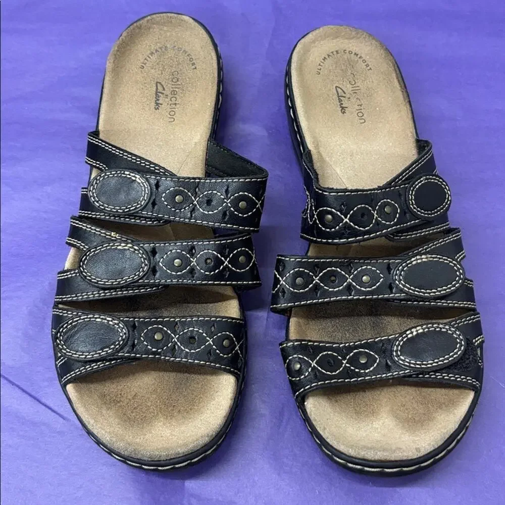 Clarks Black Leisa Cacti Strappy Sandals Stitch Detail Comfort Cushioned Boho 8M